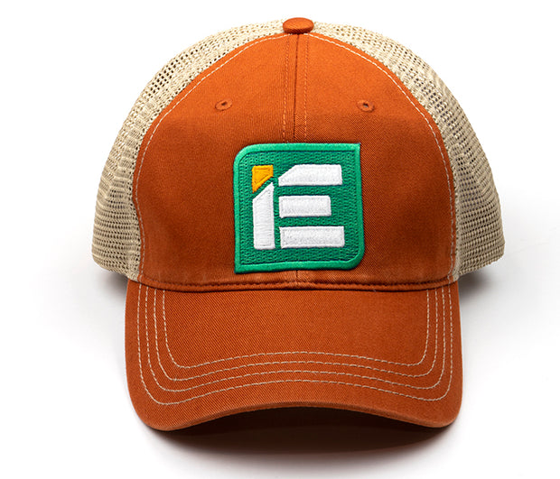IE Twill Snapback Trucker Hat | Orange & Kahaki